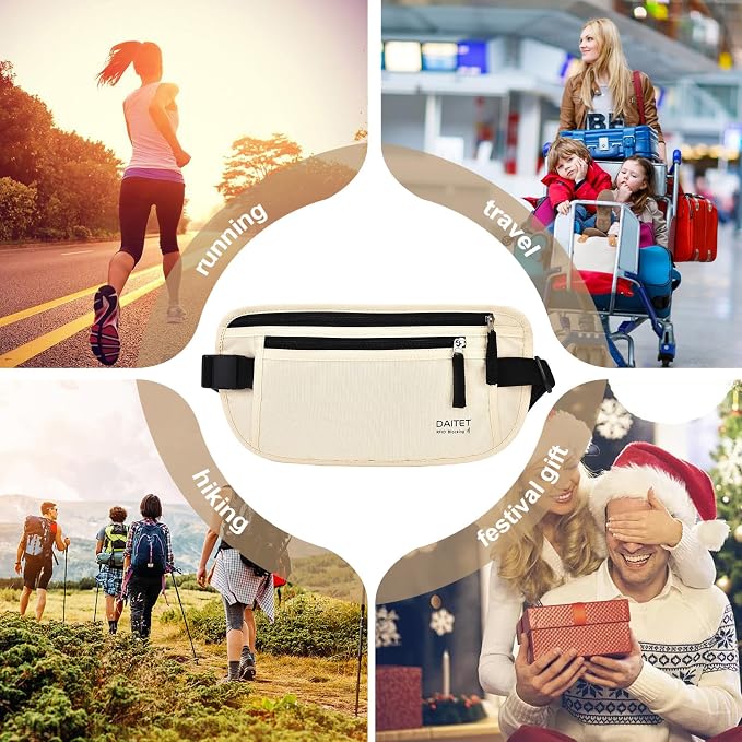 RFID Blocking Money Belt for Men Women, Slim Fanny Pack for Travel，Running,Conceal Waist Wallet for Passport Holder,Phone,Cash(Cream White)