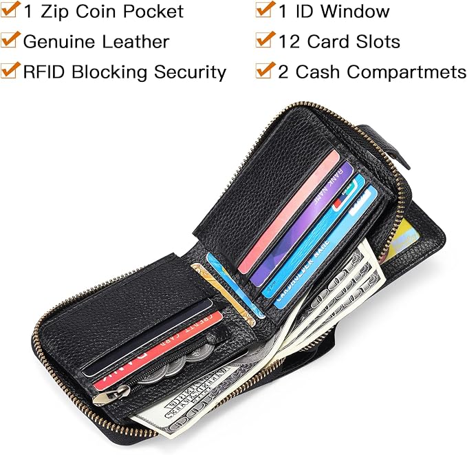 GOIACII Zipper Wallet for Men Genuine Leather RFID Blocking Mens Wallet with Zipper Coin Pocket ID Window Zipper Wallets Large Capacity