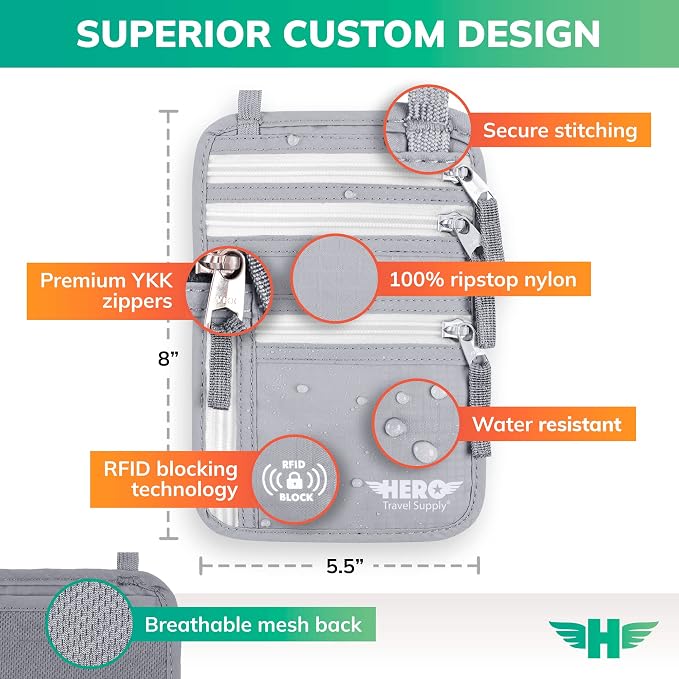 HERO Neck Wallet - RFID Blocking Passport Holder, Easy to Conceal Travel Pouch (Ash Grey)