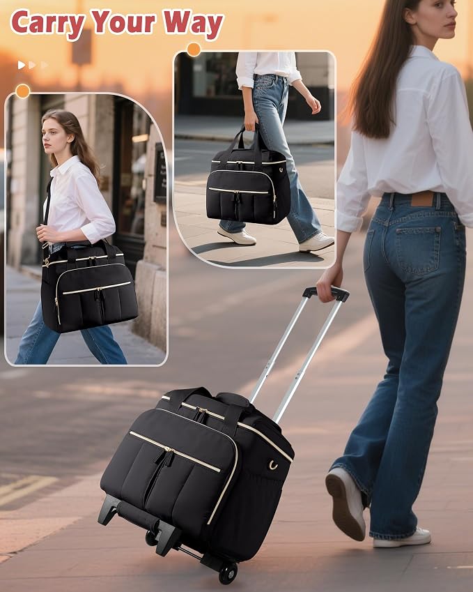 Marscamd Rolling Teacher Bag with Accordion File Organizer for Work | 15.6" Laptop Compartment, Detachable Trolley & Crossbody Strap, Womens Briefcase Tote with Wheels (Black)