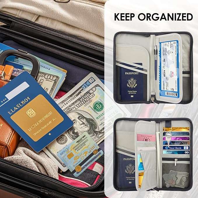 Passport Holder Family Travel Large RFID Blocking Passport Organizer, Travel Essentials Premium Wallets Credit Cards Case, Multi Pocket Waterproof Document Bag for Airports Vacations Business Trips