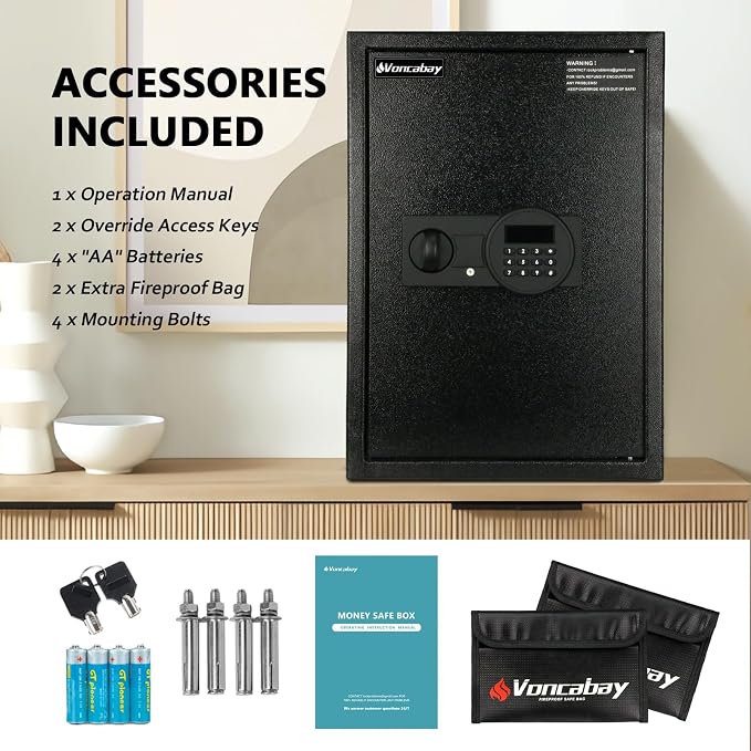 Voncabay Money Safe Box for Home with Digital Keypad, 2.2 Cu. Ft., Black | Alloy Steel, 2 Fireproof Bags, Digital Keypad with Display, Removable Shelf, Fits A4, 13.1 x 19.7 x 13.8 In.