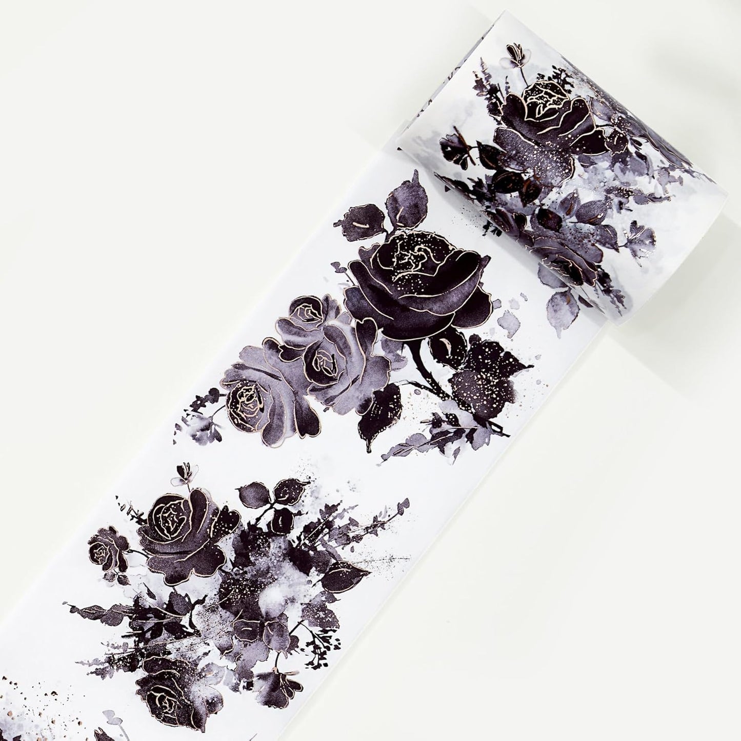 WT Rose Noir Wide Washi Tape Gilded, Single Roll, Original Designs, Black Flower Gold Foil Decors, Journal Scrapbook Bujo Planner DIY Crafts Supplies Gifts, Vintage Floral Adhesive Tape