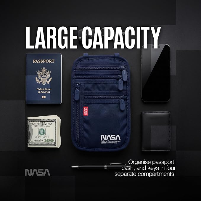 NASA Neck Wallet with RFID-Secured Passport Protection (Lunar Blue) | Slimline Design | Official NASA Insignia | RFID Protection | Key Carabiner | Water-Resistant | Breathable Mesh