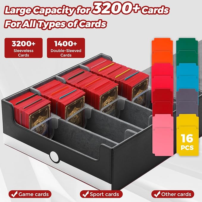 tombert White & Red Trading Card CaseHolds 3200+ Cards, Includes 16 Dividers& 4 Customizable Inserts, SecureMagnetic Closure for MTG, YuGiOh,Sports & More (4 Rows)
