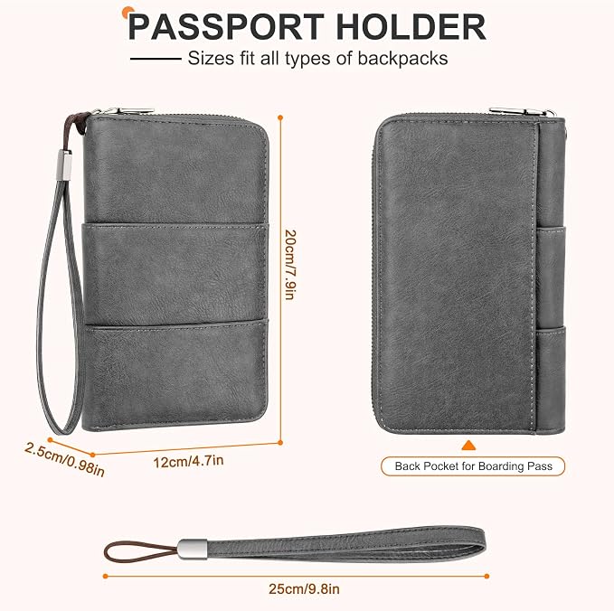 RFID Family Passport Holder Wallet - Travel Document Organizer | PU Leather, with Wristlet, Zipper, Cards, Boarding Pass, ID, Cash, Ticket Pockets,Travel Essentials Gifts for Women Men