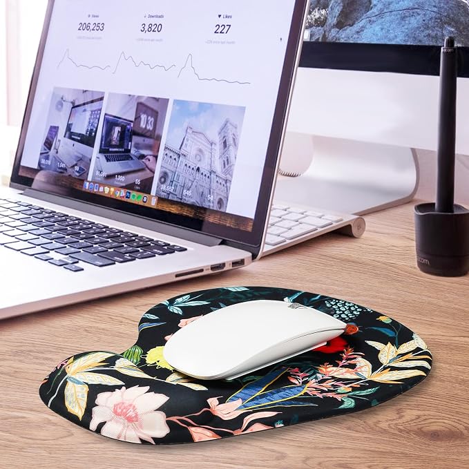 JIKIOU Ergonomic Mouse Pad with Gel Wrist Rest 2Pack, Portable Small Flower | Upgraded-Prevent Gel Leakage, Ergonomic Design for Pain Relief, Cooling Gel filled, Smooth Lycra Surface, Non-Slip PU Base