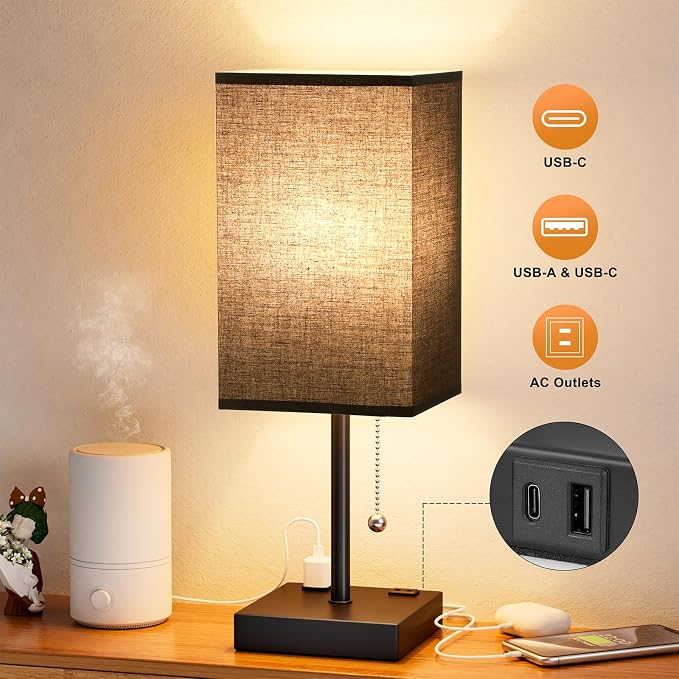 Black Lamp for Bedroom - 3 Color Temperatures, USB A+C, 2 AC Outlets | Pull Chain Switch, LED Bulb Included, Black Fabric Shade, 17.4" Table Lamp for Nightstand, Desk, Living Room, Office