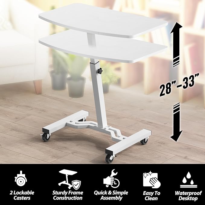 SHW Mobile Height Adjustable Laptop Rolling Cart w/Lockable Wheels, White | Height Adjustable from 28" to 33"