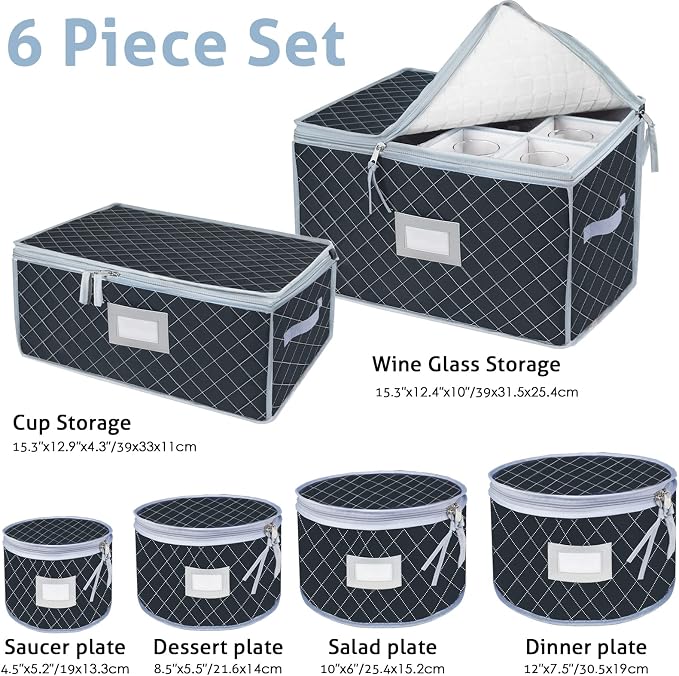China Dinnerware Storage Containers Set- Dish,Mug,Stemware Storage Cases - Quilted Box Bins Stackable with Divider,handles,Clear Window for Cups,Plates,Wine Glasses Moving Set of 6 (Grey