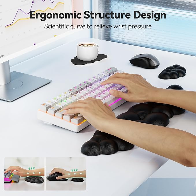 TECKNET Cloud Keyboard Wrist Rest Set, Cloud Wrist Rest with Non-Slip Base, PU Leather Wrist Pad for Keyboard with Ergonomic Memory Foam for Computer Laptop Office Gaming and Pain Relief, Black