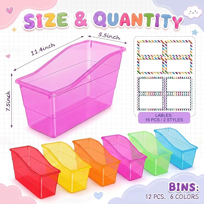 Blosssound 12 Set Book Bins for Classroom Stackable,Translucent Colorful | Plastic Baskets with Labels, Slanted Front, Library Supplies Organizers, Desktop Storage Bins, Teachers Home School Use
