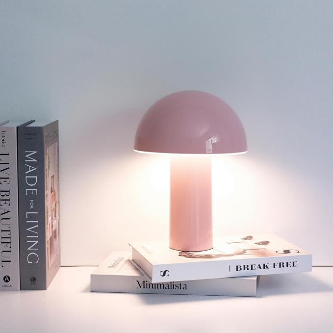 Brightech Celia Mood Lamp – 10" Touch-Controlled Mushroom Table Lamp, Cordless & Dimmable LED, Portable & Rechargeable Bedside Night Light, Sustainable Recycled Modern Patio Lamp for Home Décor – Pink