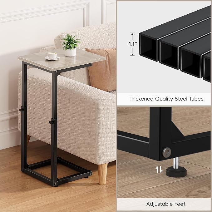 C-Shaped End Table, 33" Tall C Table Adjustable Height Side Table, Small Couch Table with Metal Frame, Slide Under Sofa TV Tray for Living Room, Bedroom, Bedside, Small Spaces, Gray