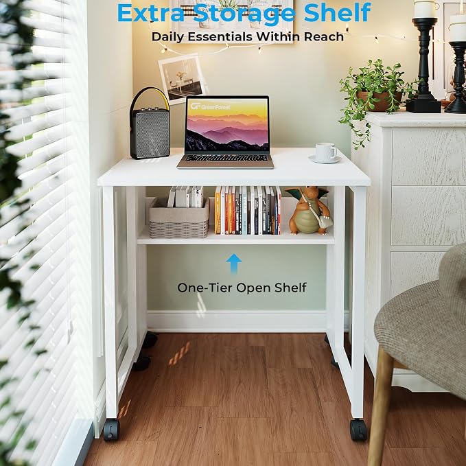 GreenForest Folding Desk with Wheels, 31.5" Rolling Table for Small Spaces | Storage Shelf, Lockable Casters, Compact Portable Workstation, Space-Saving Foldable Sofa Table, Home Office, Mobile, White