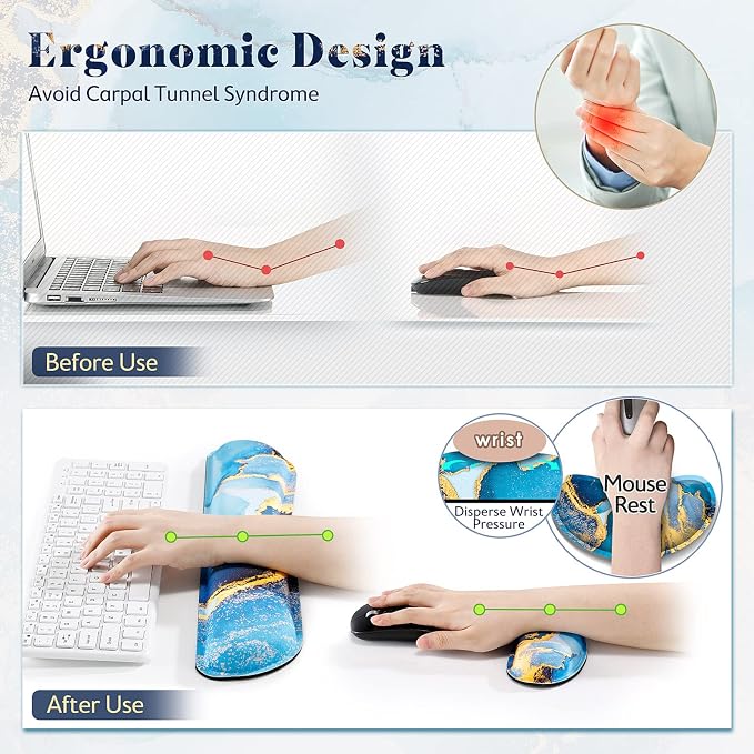 Gimars Upgrade Enlarge Gel Memory Foam Set Keyboard Wrist Rest Pad, Mouse Wrist Cushion Support for Office, Computer, Laptop, Mac, Comfortable, Lightweight for Easy Typing Pain Relief, Blue Gloden