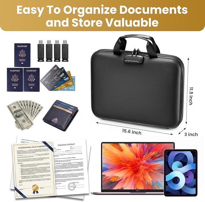 Fireproof Document Box with Lock, Hard case Fireproof File Organizer with 13 Pocket Accordion File Folders, Portable Safe Box for Home Office Travel to Storage Important Documents Laptop