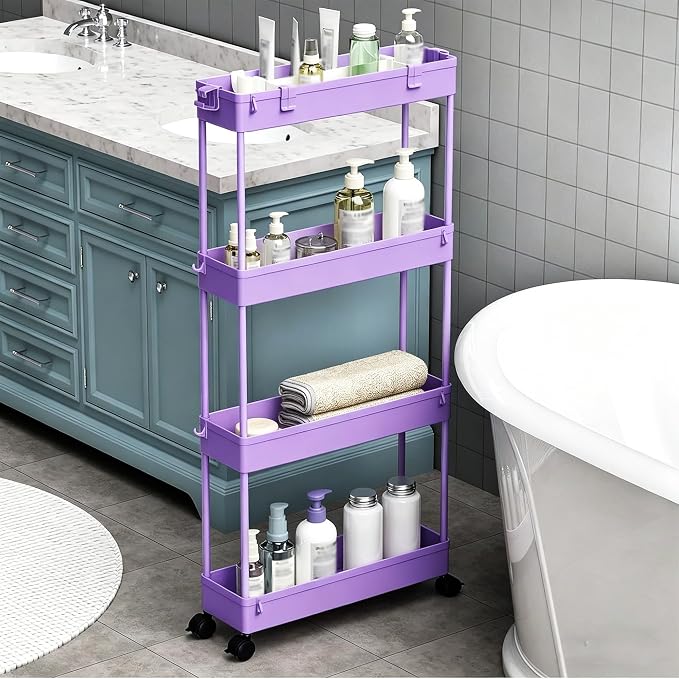Slim Storage Cart 3 Tier,Bathroom Organizer Rolling Utility,Mobile Shelving Unit Slide Out for Office, Kitchen, Laundry Room & Narrow Places,Purple