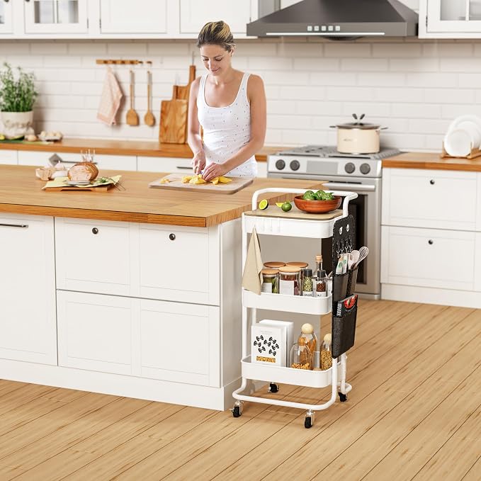 DTK 3-Tier Rolling Cart with Table Top, Metal Utility Cart with Side Bags | Tray Storage Organizer, Lockable Wheels, 4 Hooks, Art Cart for Kitchen, Bathroom, Office, Craft room, Living room, White