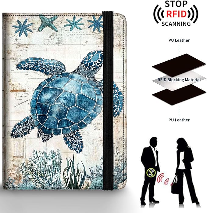 Passport Holder Wallet Cover Case,RFID Blocking Passport Cover,Large Capacity Travel Wallet with Multi Card Slots (Sea Turtle Illustration)