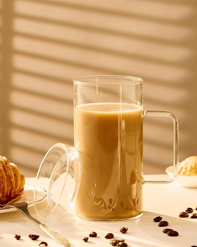 FLFK 20 oz Glass Coffee Mug with Lid - Large Clear Tea Mug, Beer Mug and Big Coffee Mug
