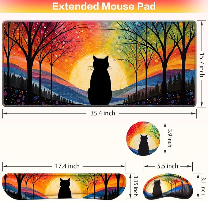 Mouse Pad with Wrist Rest Black Cat, 4-in-1 Large Mousepad Keyboard | Wrist Rest+Mouse Pad Wrist Support+Cup Pad Set,Ergonomic Mousepad,Memory Foam Desk Mat for Home Office Gaming(35.4×15.7in)