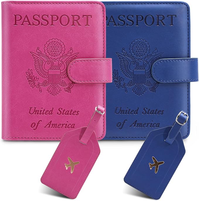 2 Pack Passport Holder For Travel with Luggage Tag Cover – RFID Blocking Passport Wallet Holder for Travel Women/Men | PU Leather Passport Case with Money Pocket, Blue/Pink