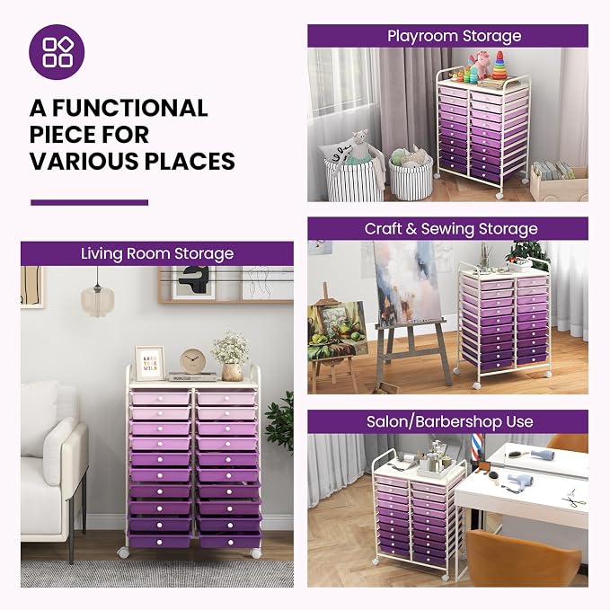 COSTWAY 20-Drawer Rolling Storage Cart, Utility Storage Organizer Cart | For Tools, Scrapbook, Paper, Craft, Multipurpose Storage Trolley on Wheels for Home Office School (Purple Gradient)