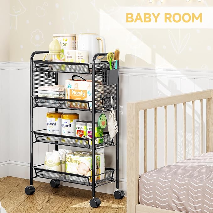 KINGRACK 4 Tier Rolling Cart, Metal Utility Storage Cart with Pegboard | Screwless Assembly, Lockable Wheels, 4 Hooks & 1 Bin, Mobile Organizer for Bathroom Kitchen Office Craft Room Laundry, Black
