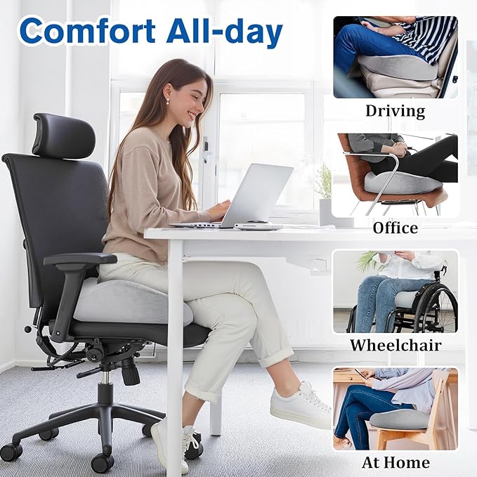Seat Cushion, Chair Cushions, Office Chair Cushions, Anti-Slip Bottom & Removable Cover Tailbone Pain Relief Cushion, Memory Foam Seat Cushion, 5.28 in Thick (Light Grey)