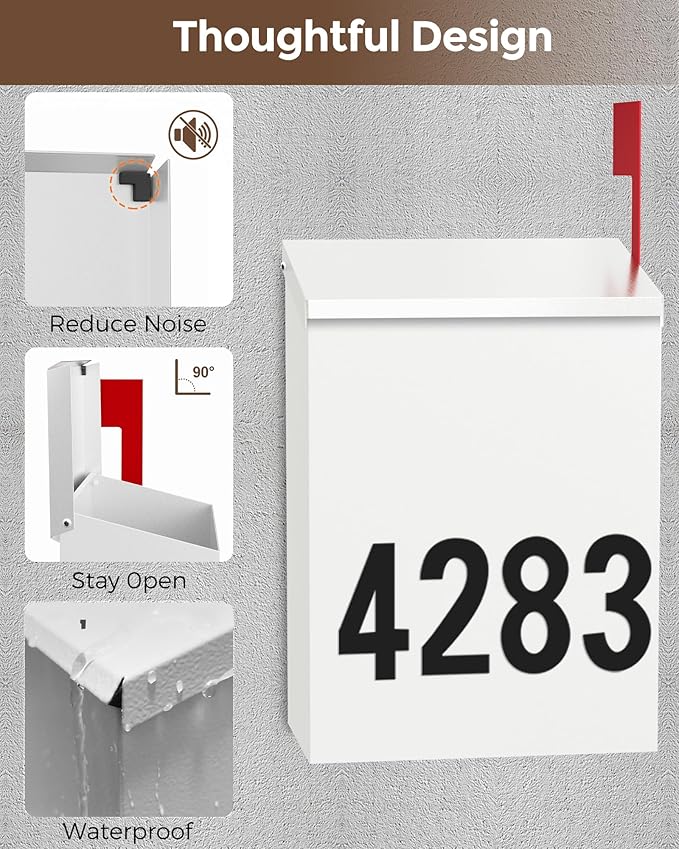LAND·VOI Wall-Mount Mailbox with One Flag Kit and Three Sets of 0-9 Mailbox Number Stickers, Mailboxes for Outside, Galvanized Steel Rust-Proof Metal Post Box, 7.1"x3.9"x10.24", Textured White AMB05W