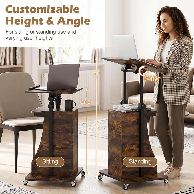 Tangkula Mobile Lectern Podium, Height Adjustable Podium Stand, Sit-to-Stand Desk with Tilting Tabletop & Storage Shelves, Rolling Laptop Cart Desk with Lockable Casters for Home Office School