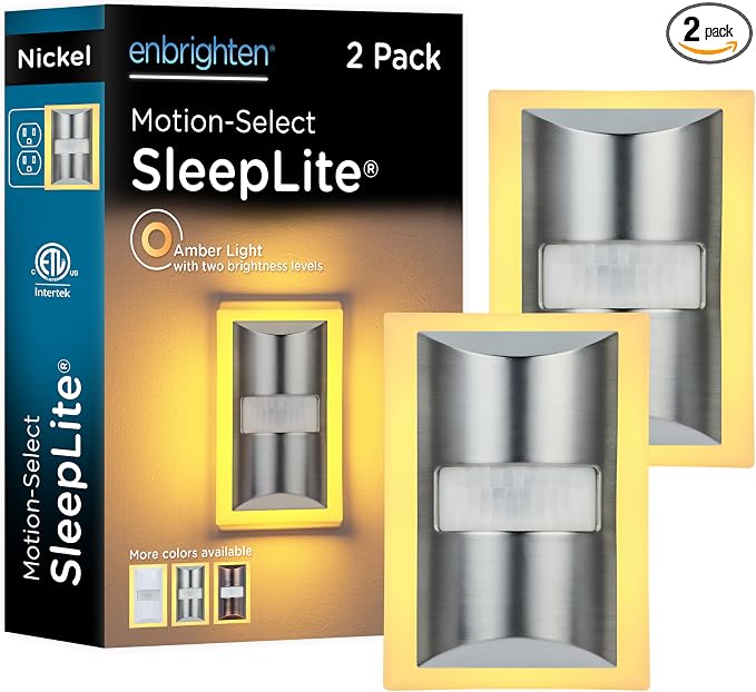 Enbrighten SleepLite Motion Sensor Night Lights Plug Into Wall Nightlight Amber Light Bathroom Bedroom Kitchen Nursery Kids Adults Brushed Nickel 2-Pack