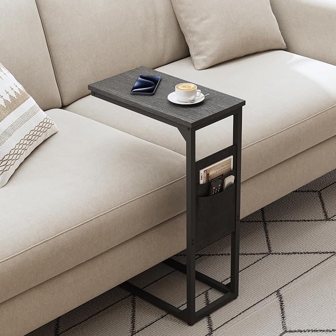 TUTOTAK C Shaped End Table, Side Table for Couch, Sofa Table | with Storage Bag, TV Tray for Living Room, Bedroom, Black TB01BK082