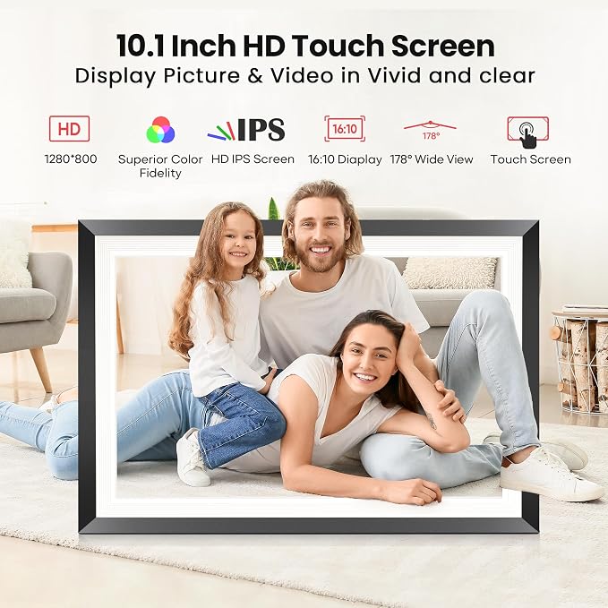 RCA 10.1” WiFi Digital Picture Frame, Electronic Photo Frames 32GB Storage, HD IPS Touch Screen WiFi Frame/Auto Rotate/Wall Mounted, Easy Setup in Uhale App to Share Photo/Video Anytime (Black)