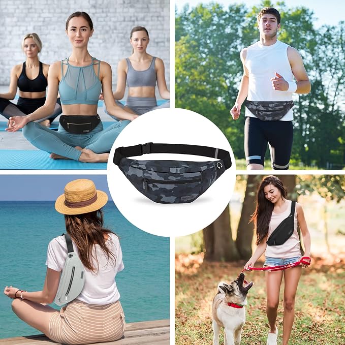 Small Camo Black Crossbody Bag Shoulder Fanny Pack with 4-Zipper Pockets | Polyester,Hands-Free,Gifts for Enjoy Sports Traveling Running Casual Wallets Waist Bag Carrying All Phones