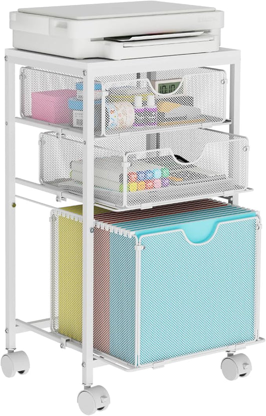 BOHDK Rolling File Cart with 3 Storage Drawers, Wood & Mesh Hanging File Folder Organizer with Wheels Under Desk, File Cabinets for Home Office, 11.81" D x 14.8" W x 25.39" H, White
