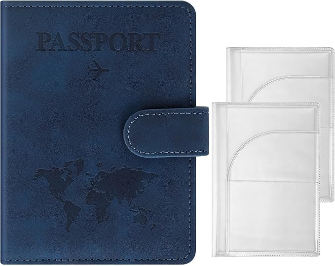 3-Pack Passport Holder + 2 PVC Covers, RFID, PU Leather(Dark Blue) | Waterproof,scratchproof, dustproof. Lightweight, slim. Keeps cards & travel docs organized for men & women