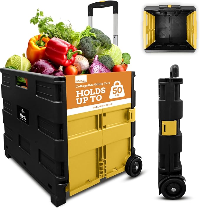 Ultra-Slim Rolling Collapsible Storage Pack-N-Roll Utility-carts, with Telescopic Handle, for Home, Garden, Shopping, Office, School use, Medium, Yellow & Black