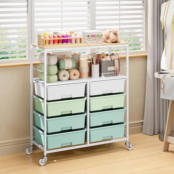 Rolling Storage Cart with 8 Large Drawers, Wooden Tabletop | Open Storage Shelves, Mobile Craft Organizer with Lockable Wheels for Home, Classroom, Office Supplies & Art Studio,Green