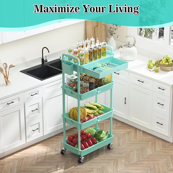 SUNALLY 4 Tier Rolling Cart with Drawer, Craft Storage Cart Organizer, Blue | Bathroom Storage Organizer with 2 Lockable Wheels, Rolling Utility Cart for Kitchen, Office, Baby, Makeup, Nail,Snack,Laundry