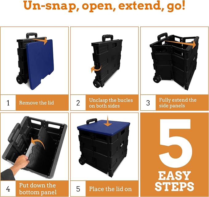 Collapsible Ultra-Slim Pack-N-Roll,2 Wheel Utility Cart w/Lid Used as Seat up to 250 Lbs, Telescopic Handle - Super Strong, for Home, Garden, Shopping, Office, School use, Large, Blue