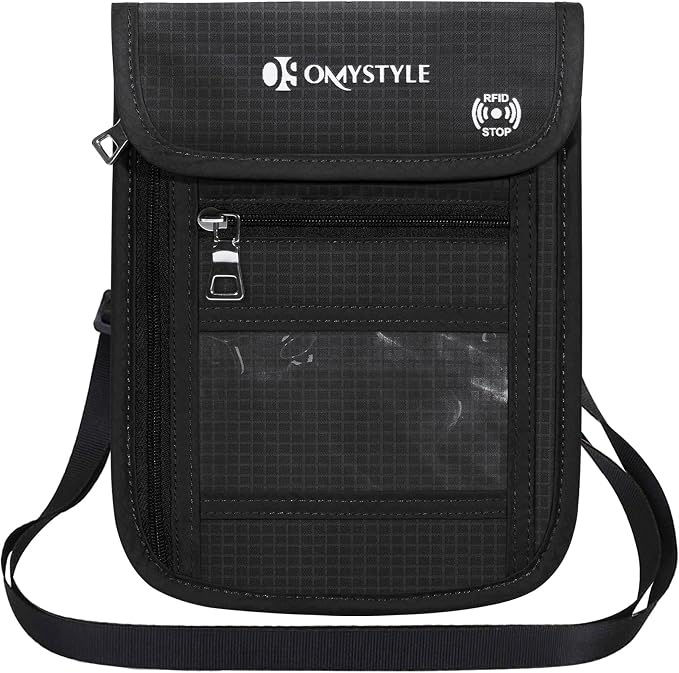 OMYSTYLE Neck Wallet, RFID Passport Holder for Travel, Adjustable Neck Strap, Waterproof Neck Pouch for Men & Women to Keep Cash, Credit Cards and Documents Safe, Black (8x6)