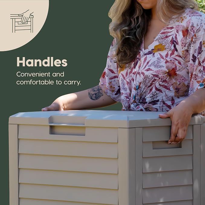IRIS USA 35 Gallon Outdoor Deck Box, Lockable, Weather-Resistant, Beige | UV-Protected, Waterproof Resin, Patio Storage for Cushions, Garden Tools & Packages