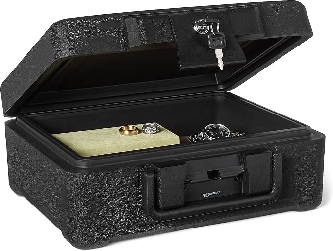 Amazon Basics Fire-Resistant Waterproof Fire Chest with Mechanical Key, for Documents, Jewelry, Money, 0.22 cu. ft, Black
