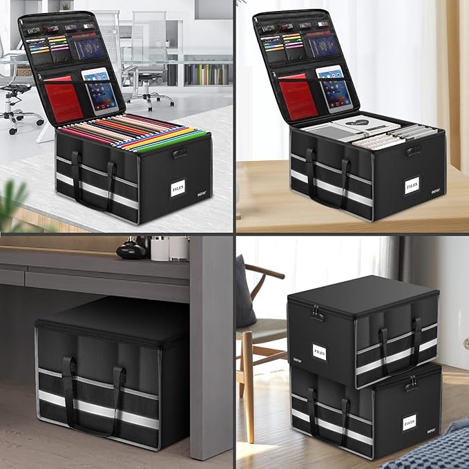 ENGPOW Fireproof File Box with Lock, Document Storage Organizer Box with Inserts and Mesh Pockets