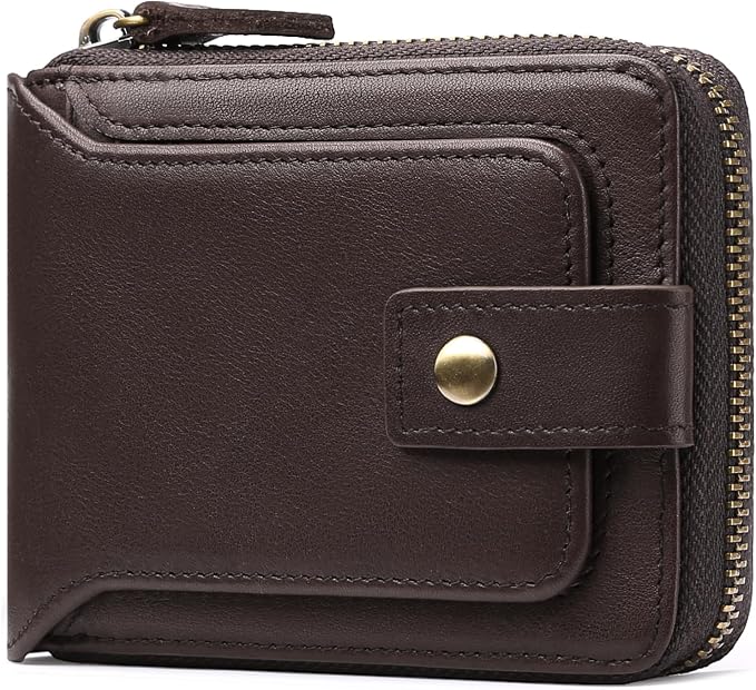 GOIACII Zipper Wallet for Men Genuine Leather RFID Blocking Mens Wallet with Zipper Coin Pocket ID Window Zipper Wallets Large Capacity