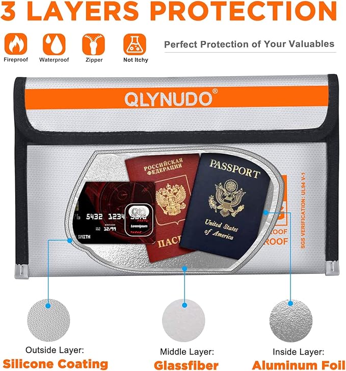 Fire Proof Money Bag for Cash, Silver Nesting 2-Pack Fire Safe | Fits Cash & Passports | Not A4/Letter | 2200°F Fireproof | Waterproof Zipper | Non-Itchy Silicone