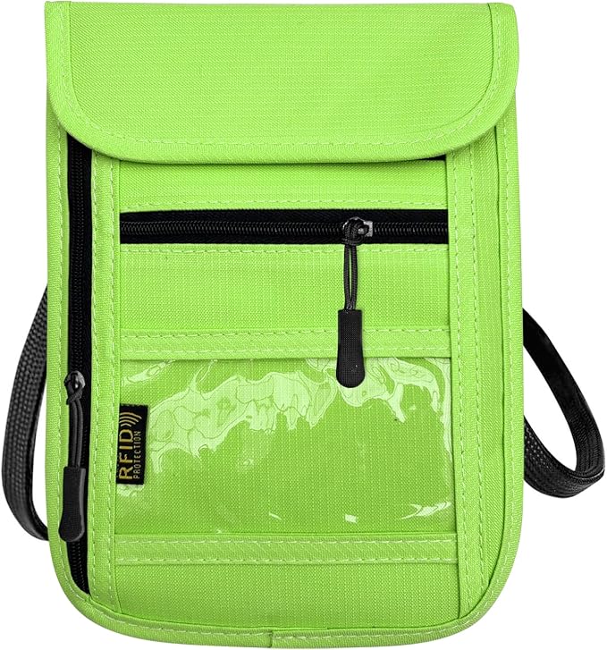 RFID Blocking Travel Neck Wallet Pouch and Passport Holder, Travel Neck Pouch Passport Holder for Women & Men - Green