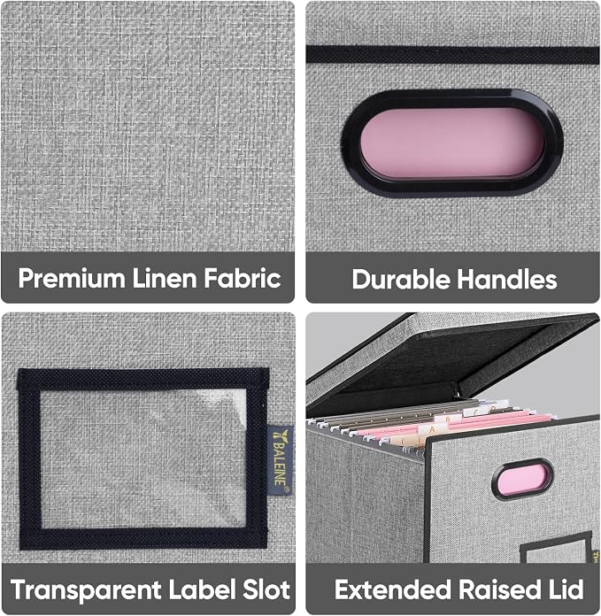 BALEINE File Organizer Box with Lid, Collapsible Hanging File Storage Box | Smooth Plastic Rails, Textured Fabric Exterior, Collapsible Hanging File Folder Box for Office Document Storage